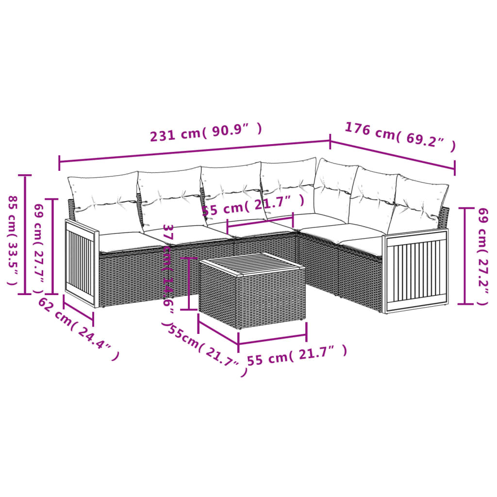 Salon de jardin avec coussins 7 pcs gris résine tressée