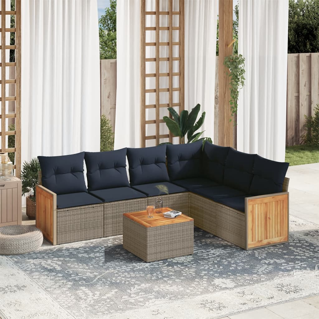 Ensemble de canapé de jardin 7 pcs avec coussins gris résine tressée