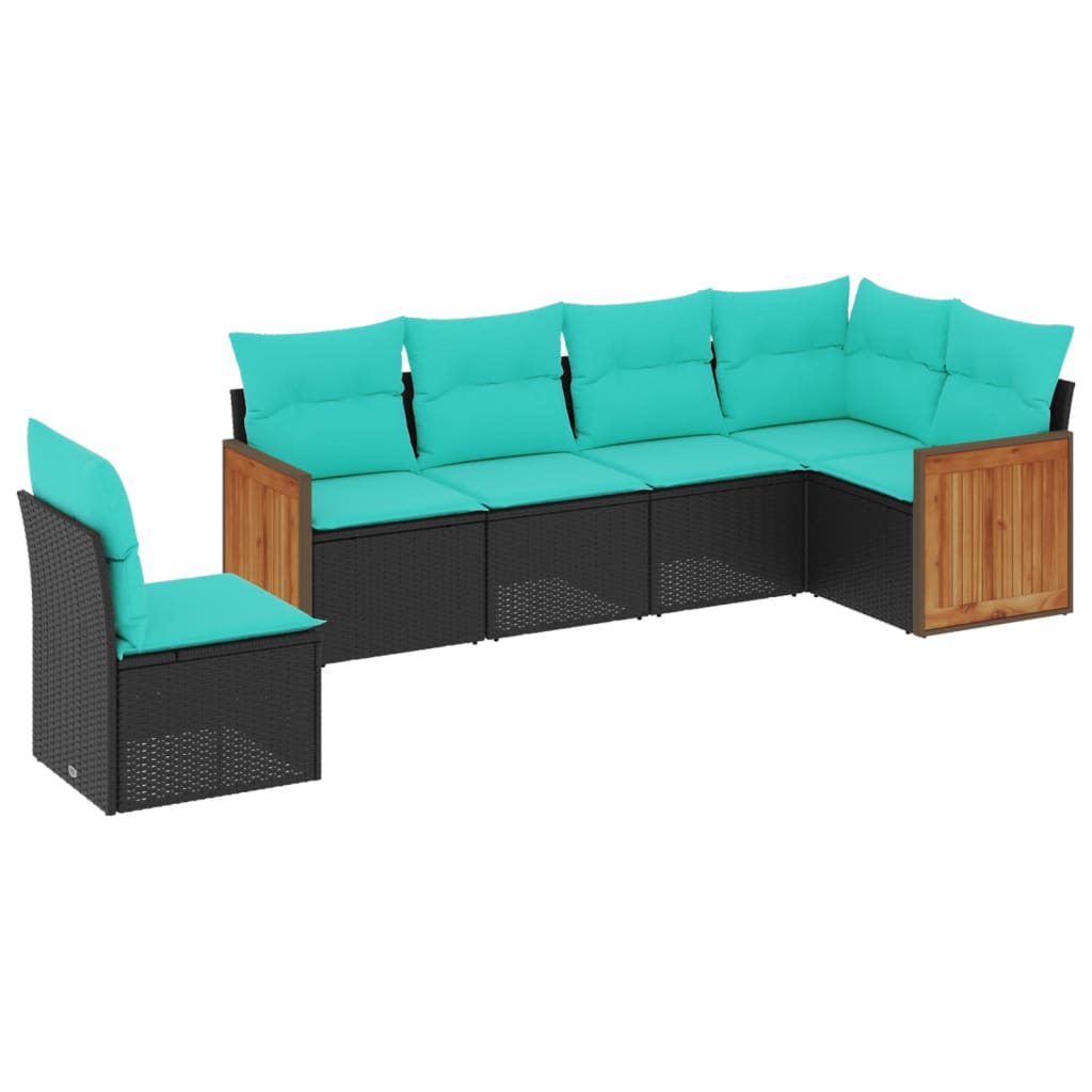 Salon de jardin 6 pcs avec coussins noir résine tressée