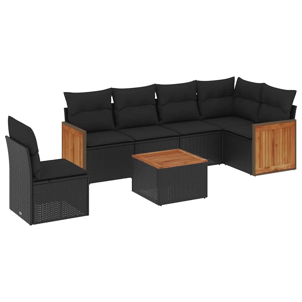 Salon de jardin 7 pcs avec coussins noir résine tressée