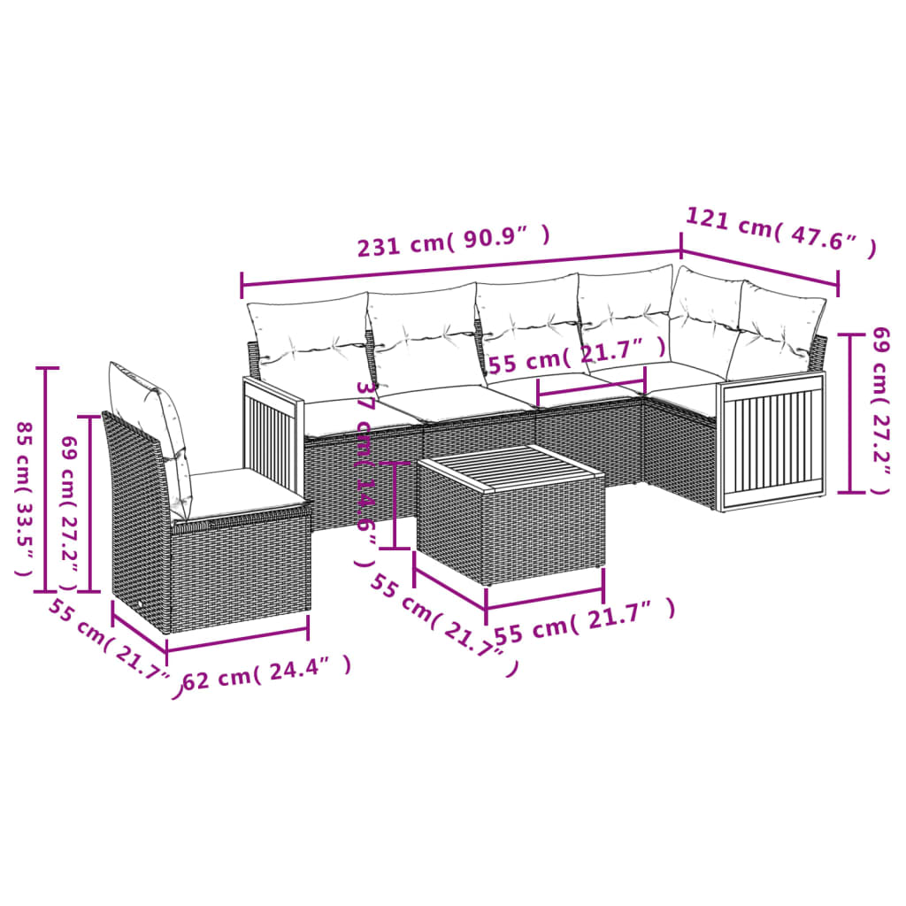 Ensemble de canapé de jardin 7 pcs avec coussins gris résine tressée