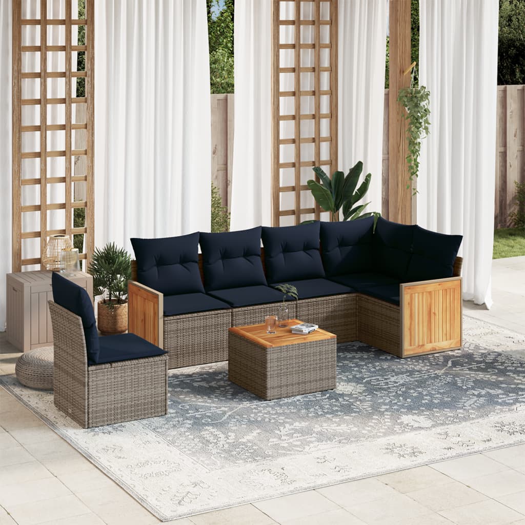 Ensemble de canapé de jardin 7 pcs avec coussins gris résine tressée