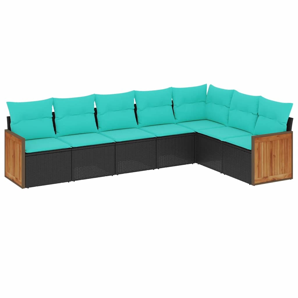 Salon de jardin 7 pcs avec coussins noir résine tressée