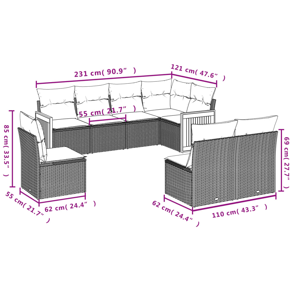 Ensemble de canapé de jardin 8 pcs avec coussins gris résine tressée