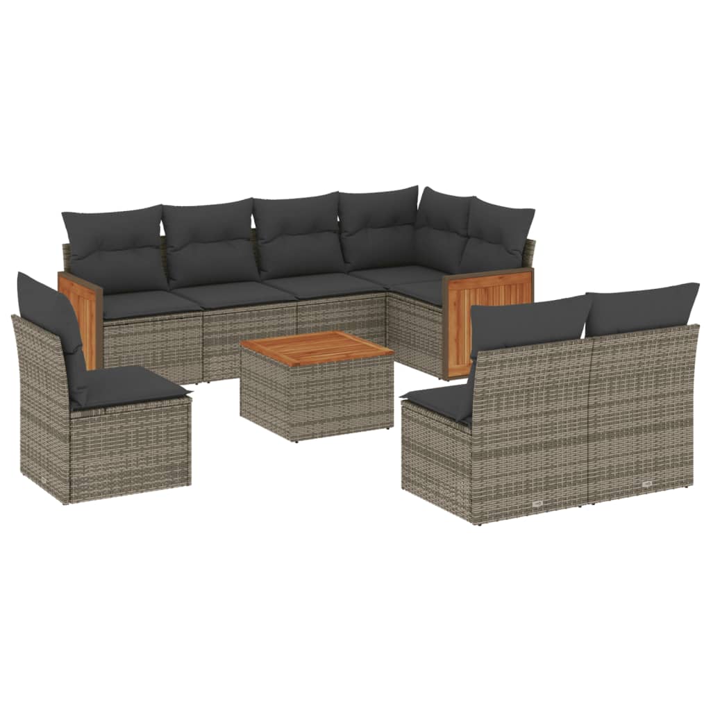 Salon de jardin 9 pcs avec coussins gris résine tressée
