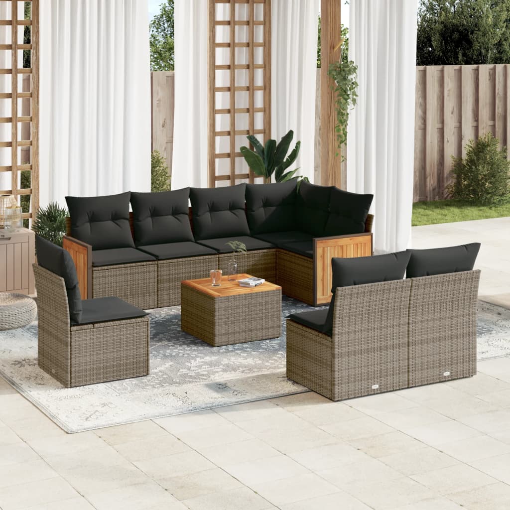 Salon de jardin 9 pcs avec coussins gris résine tressée