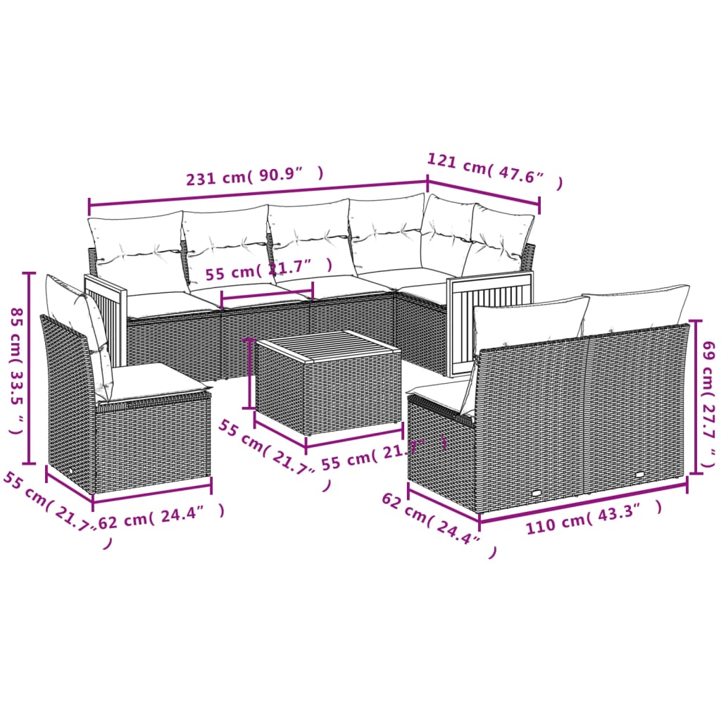Ensemble de canapé de jardin 9 pcs avec coussins gris résine tressée