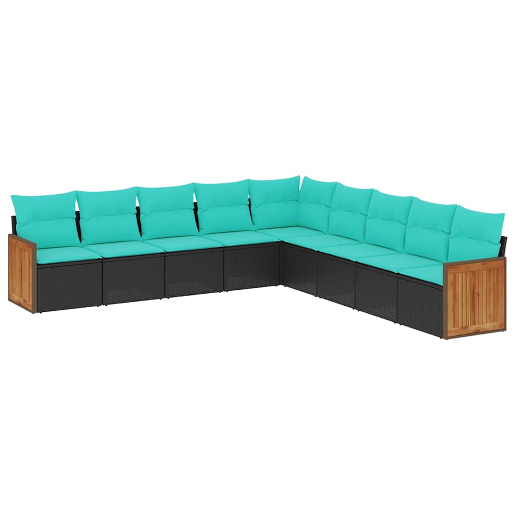 Salon de jardin 9 pcs avec coussins noir résine tressée