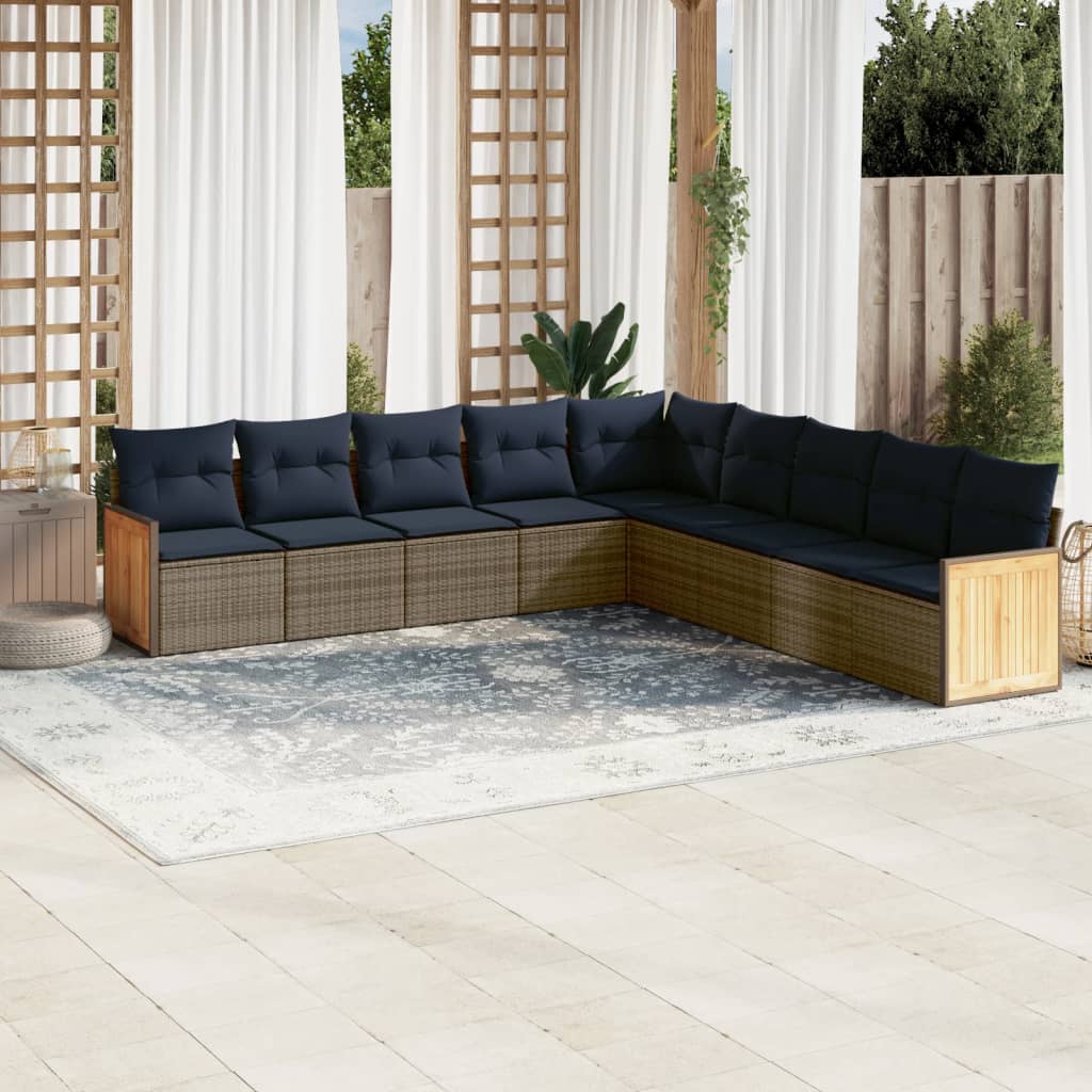 Ensemble de canapé de jardin 9 pcs avec coussins gris résine tressée