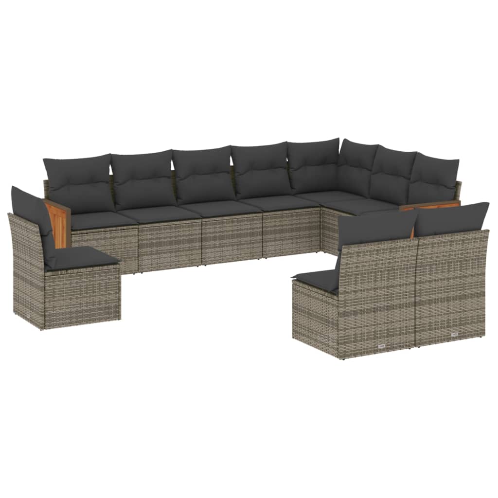 Salon de jardin avec coussins 10 pcs gris résine tressée