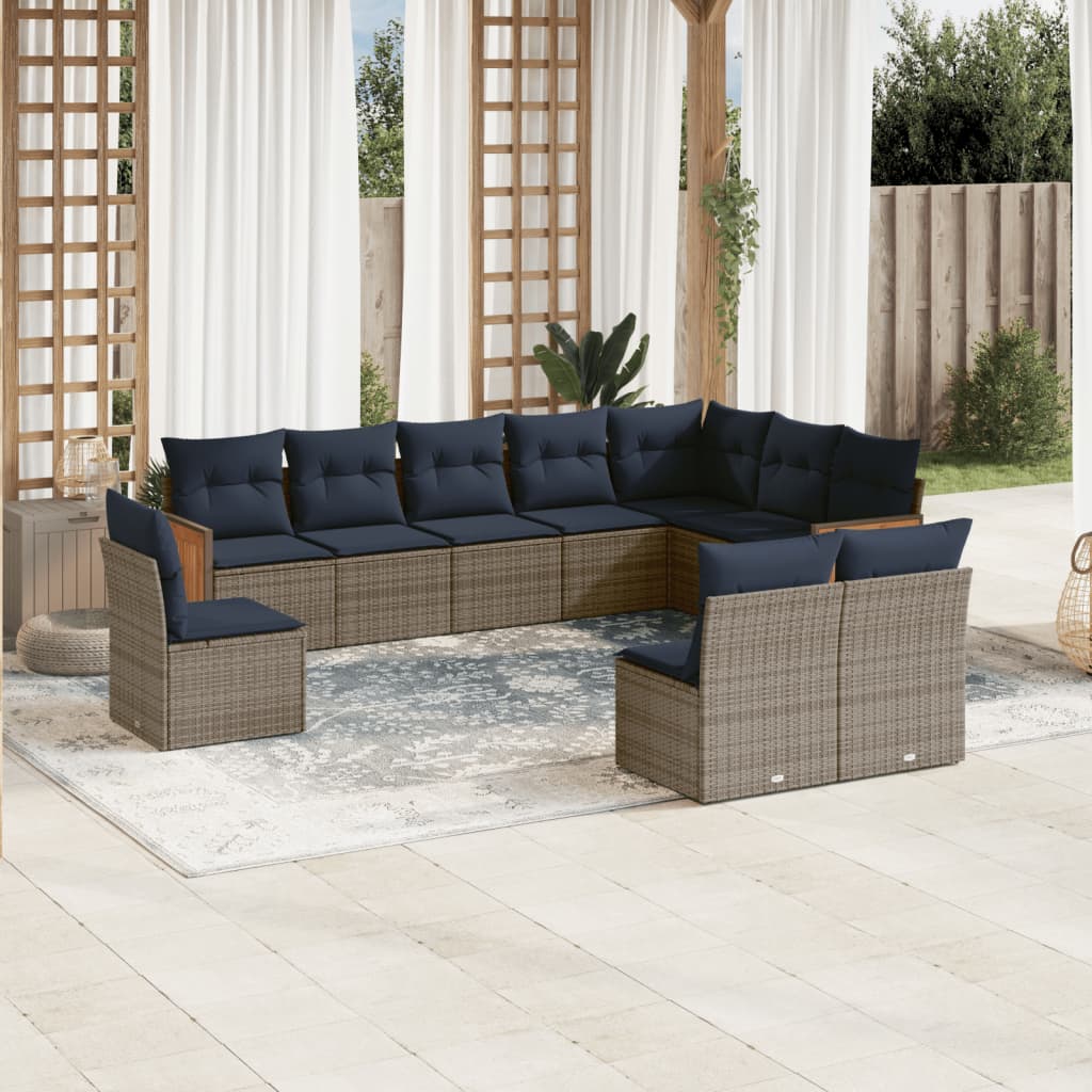 Ensemble de canapé de jardin 10 pcs avec coussins gris résine tressée