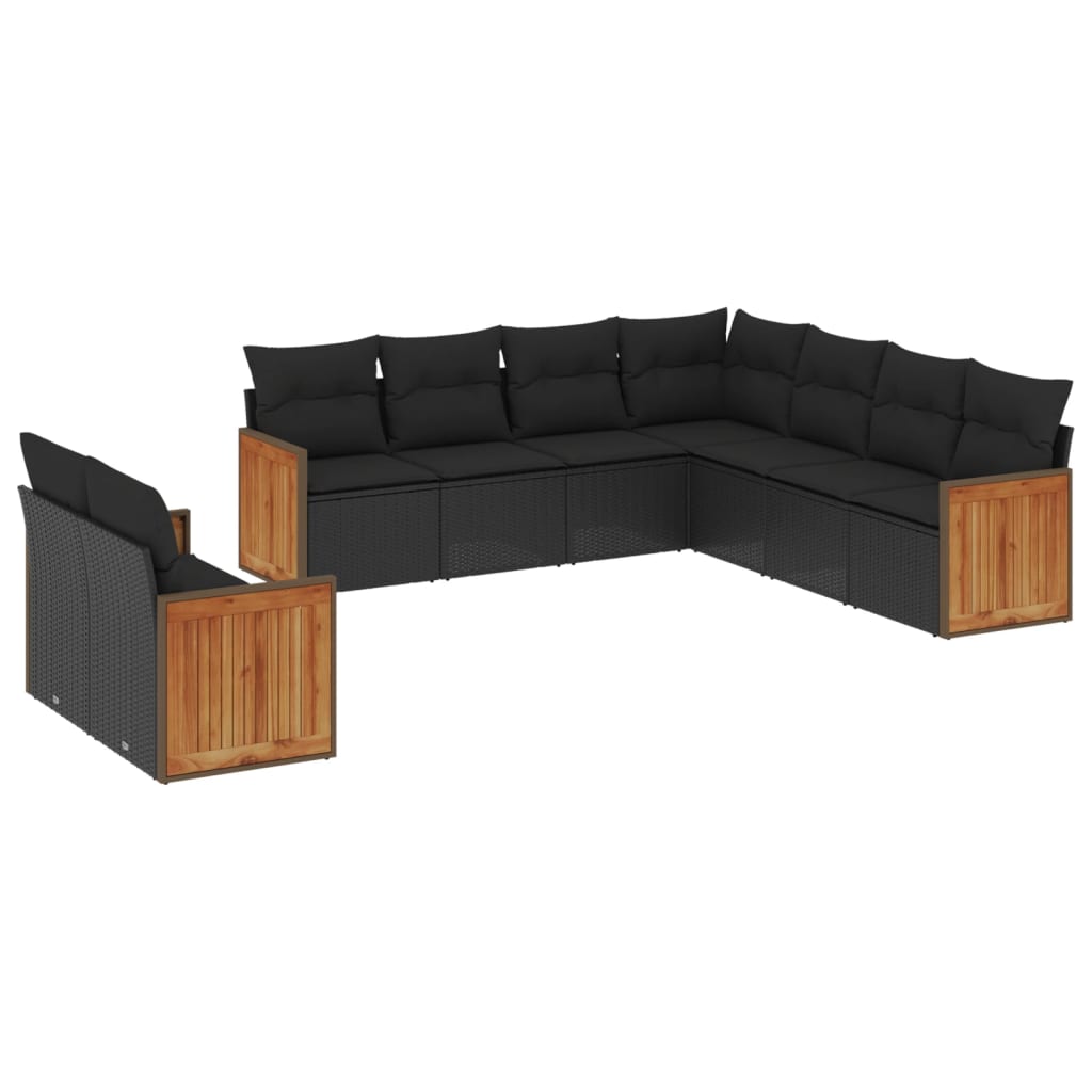 Salon de jardin 9 pcs avec coussins noir résine tressée