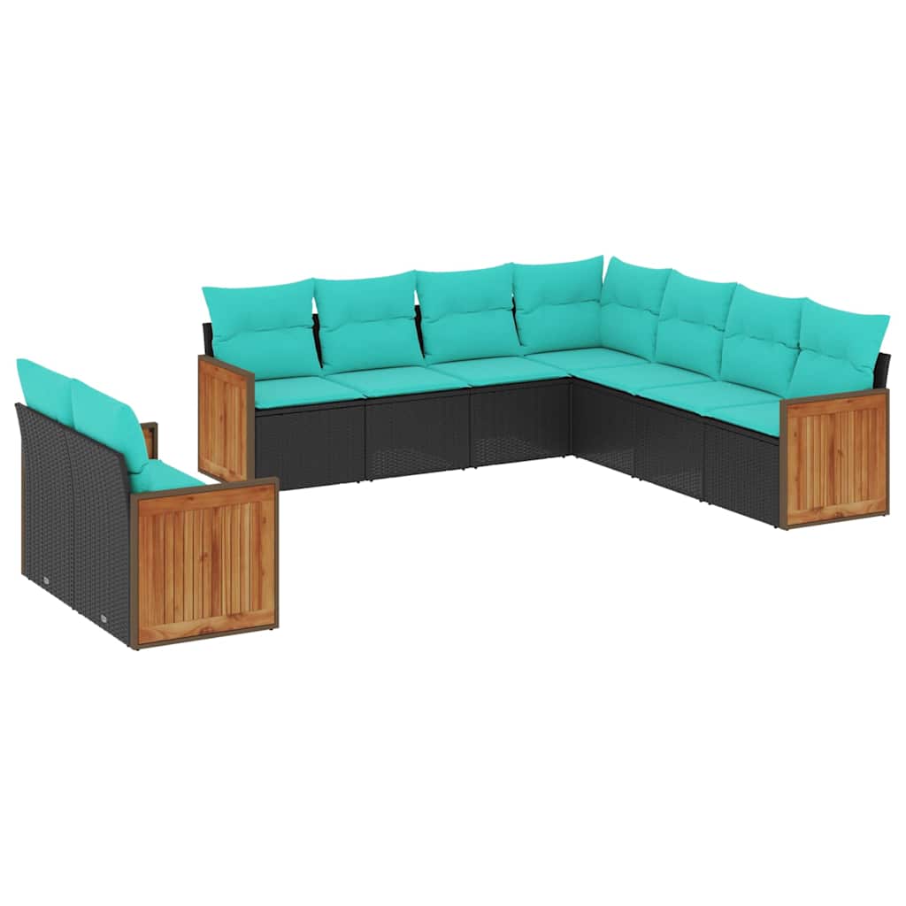 Salon de jardin 9 pcs avec coussins noir résine tressée