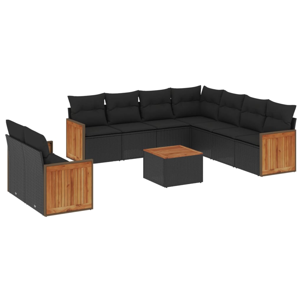 Salon de jardin 10 pcs avec coussins noir résine tressée