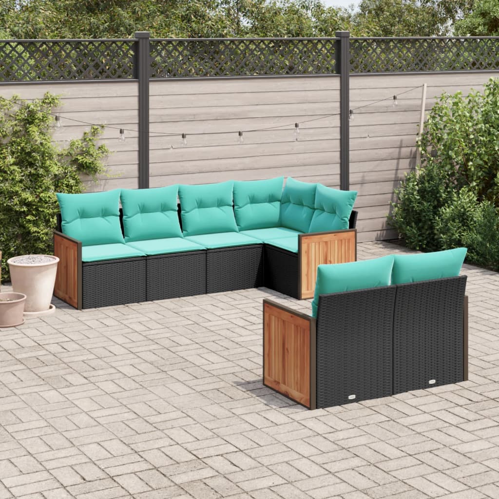 Salon de jardin 7 pcs avec coussins noir résine tressée