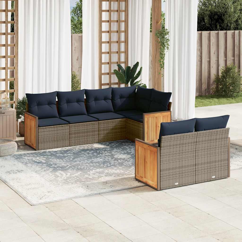 Ensemble de canapé de jardin 7 pcs avec coussins gris résine tressée