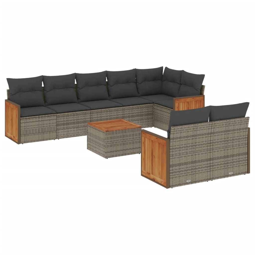 Salon de jardin 9 pcs avec coussins gris résine tressée