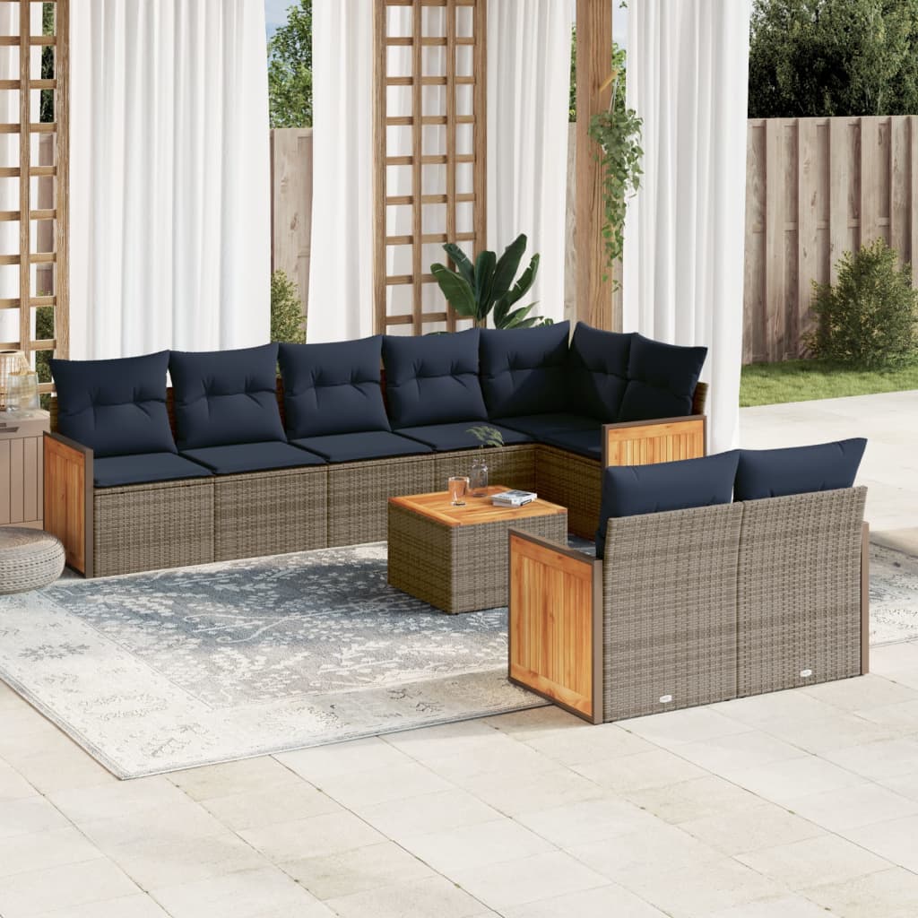 Ensemble de canapé de jardin 9 pcs avec coussins gris résine tressée