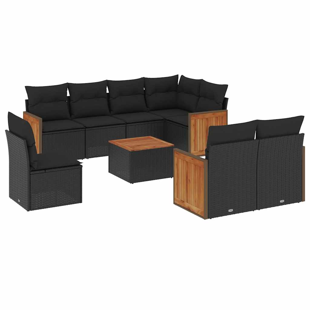 Salon de jardin 9 pcs avec coussins noir résine tressée