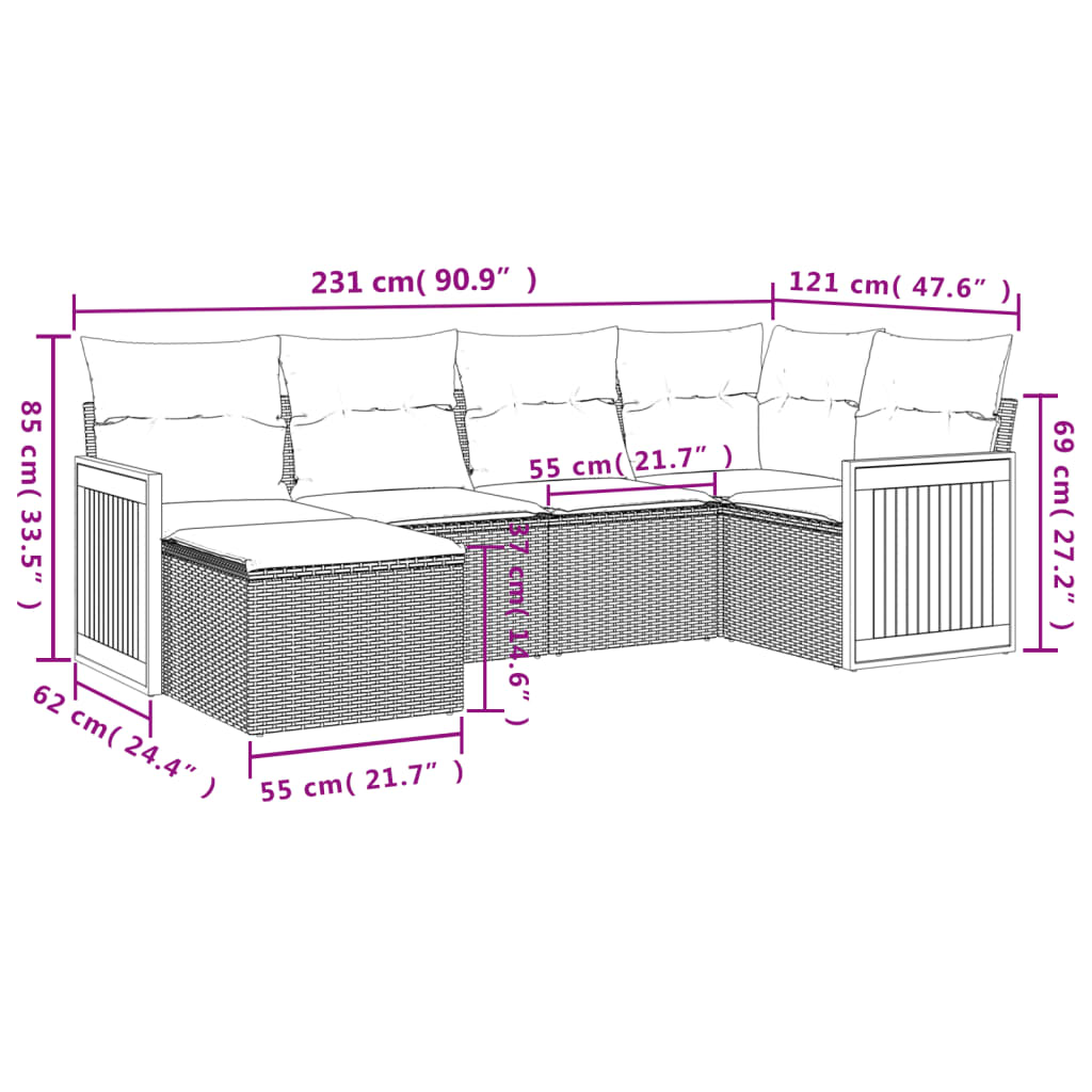 Salon de jardin 6 pcs avec coussins noir résine tressée