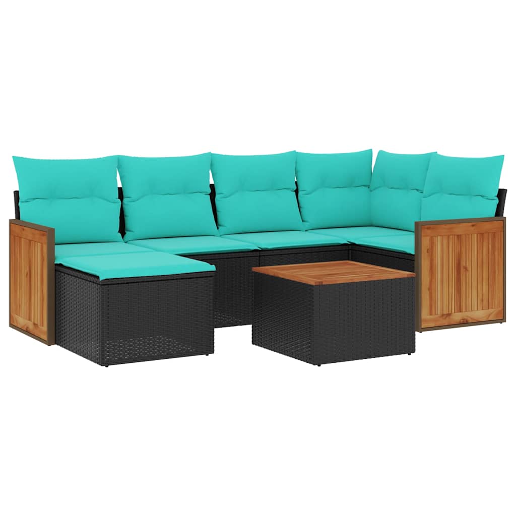 Ensemble de canapé de jardin 7 pcs avec coussins noir résine tressée