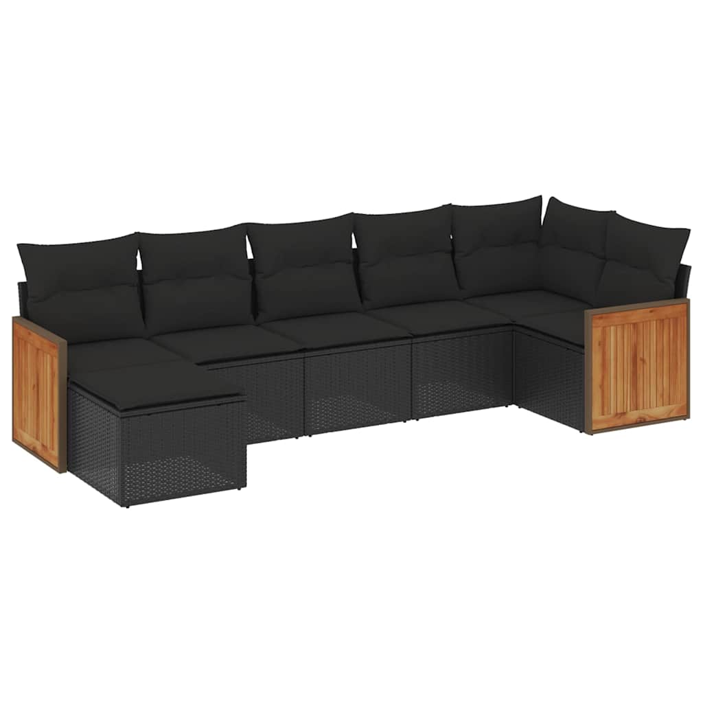 Salon de jardin 7 pcs avec coussins noir résine tressée