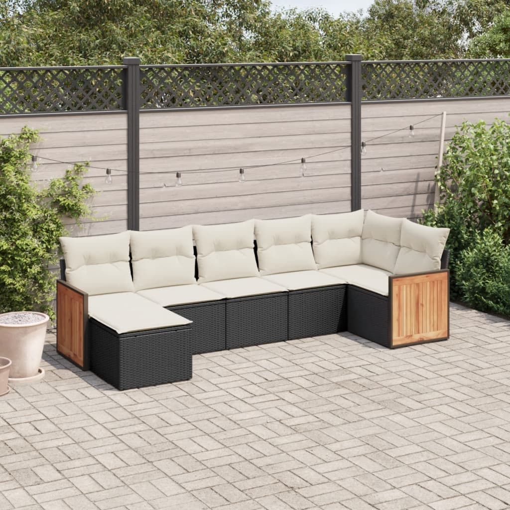 Salon de jardin 7 pcs avec coussins noir résine tressée