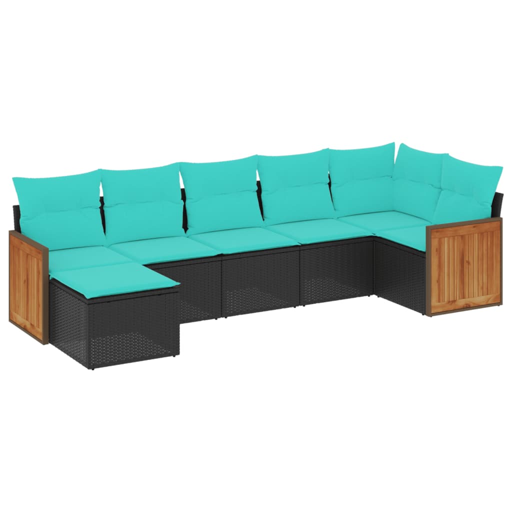 Salon de jardin 7 pcs avec coussins noir résine tressée