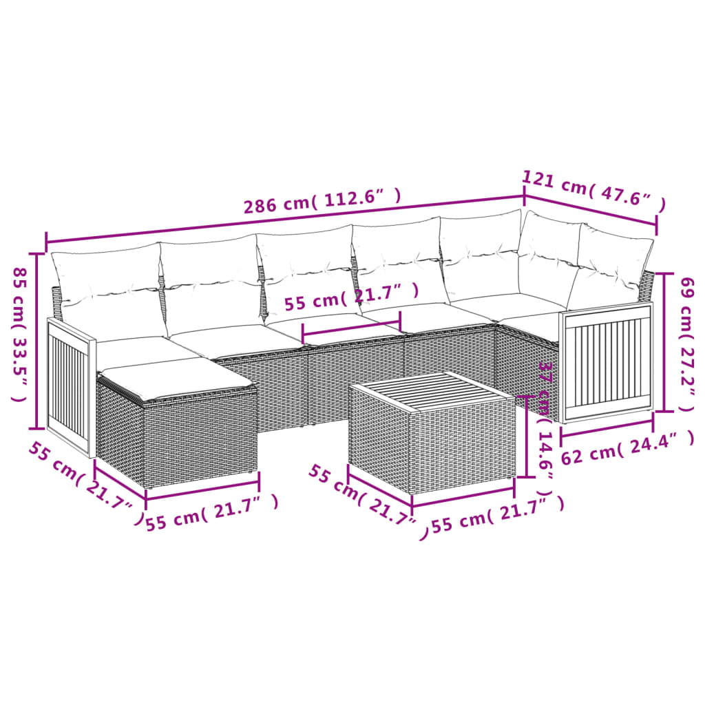Salon de jardin 8 pcs avec coussins noir résine tressée
