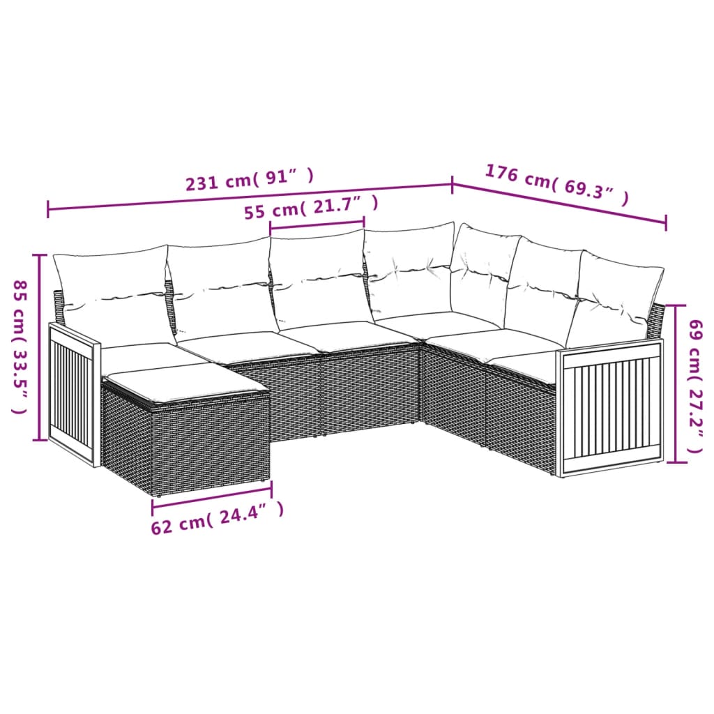 Salon de jardin 7 pcs avec coussins noir résine tressée