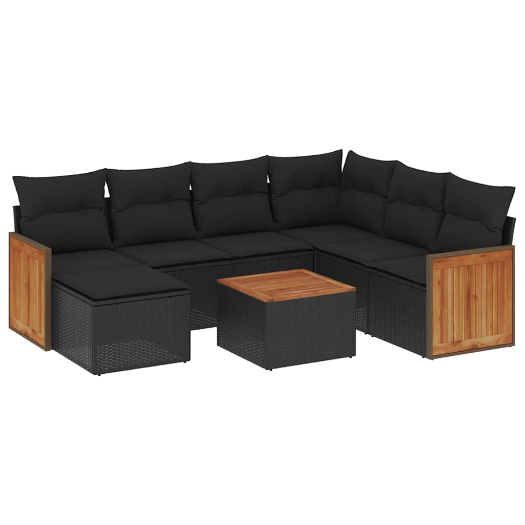 Salon de jardin 8 pcs avec coussins noir résine tressée