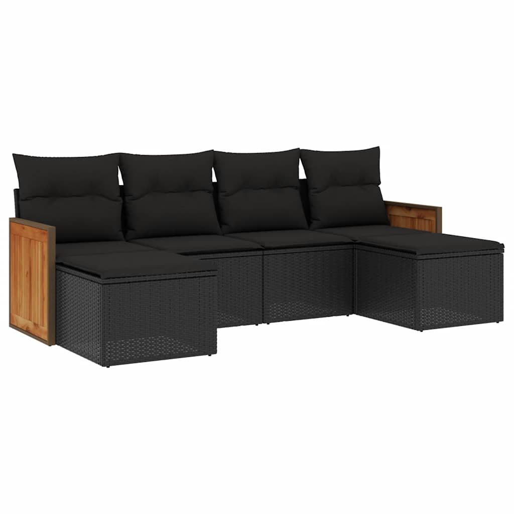 Salon de jardin 6 pcs avec coussins noir résine tressée