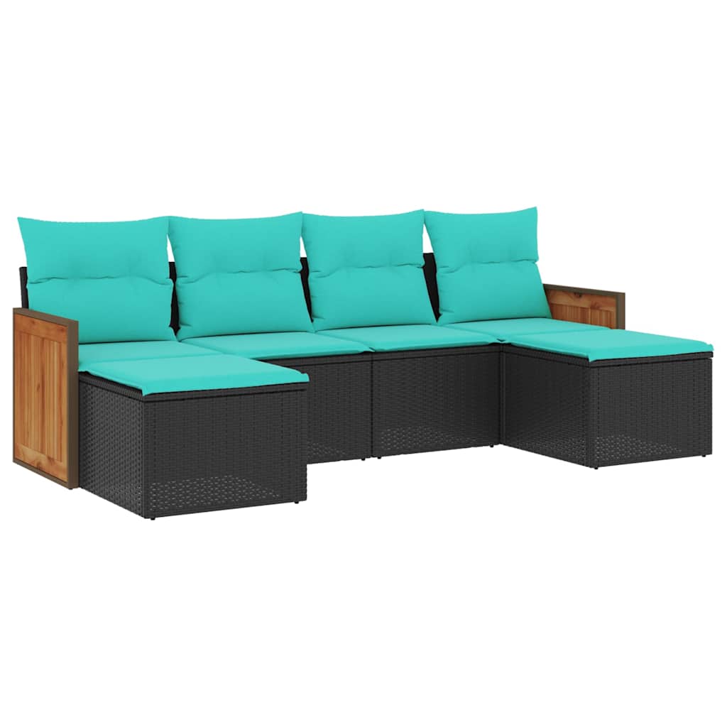 Salon de jardin 6 pcs avec coussins noir résine tressée