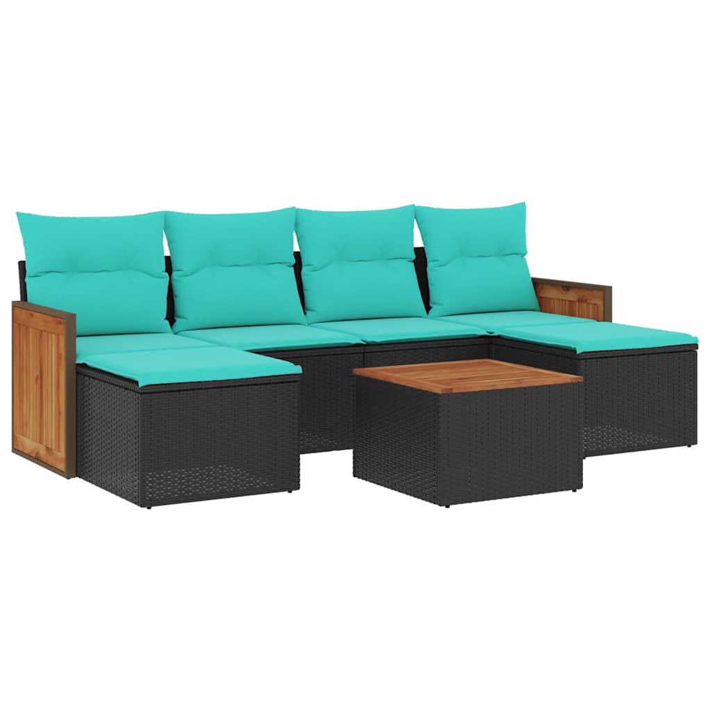 Ensemble de canapé de jardin 7 pcs avec coussins noir résine tressée