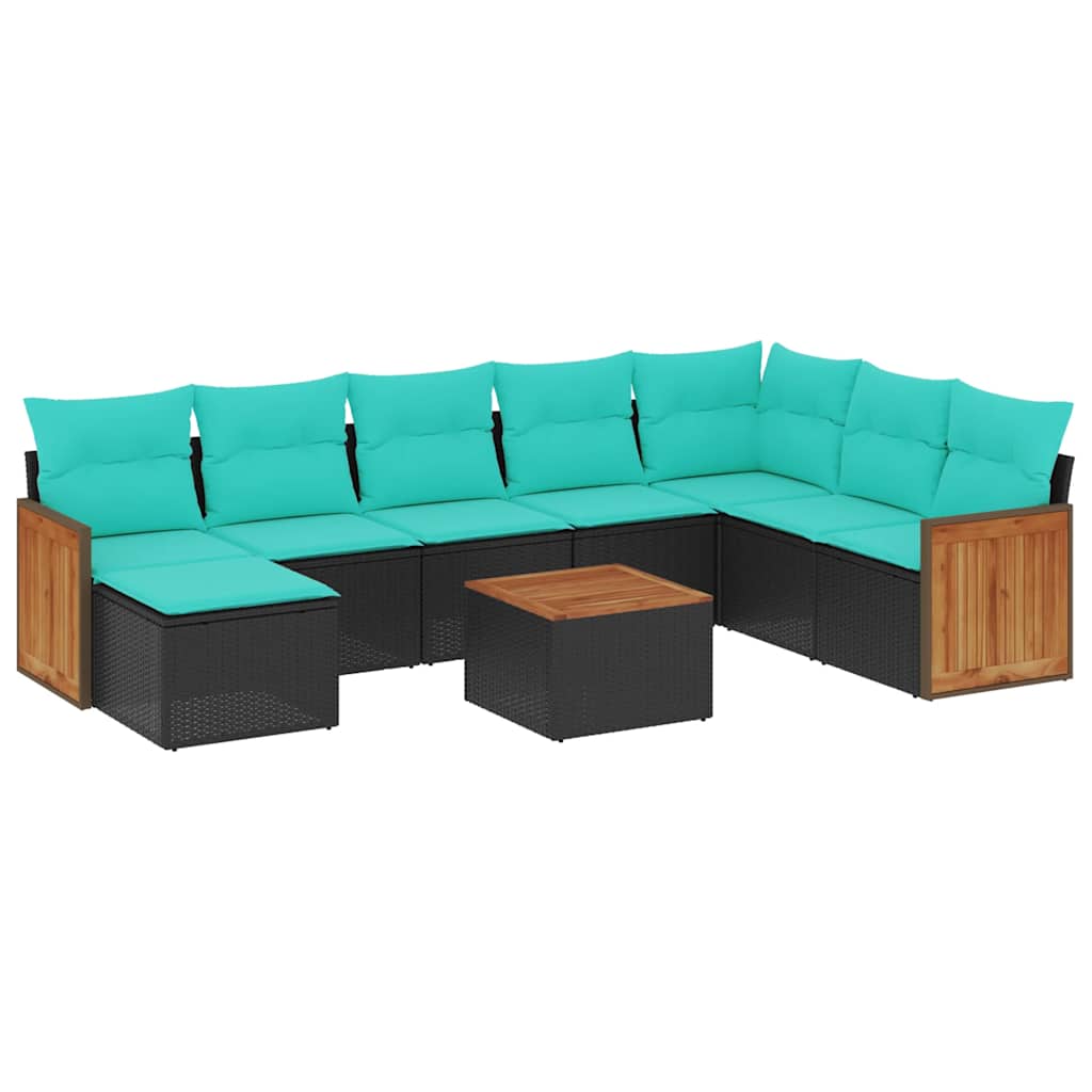 Ensemble de canapé de jardin 9 pcs avec coussins noir résine tressée