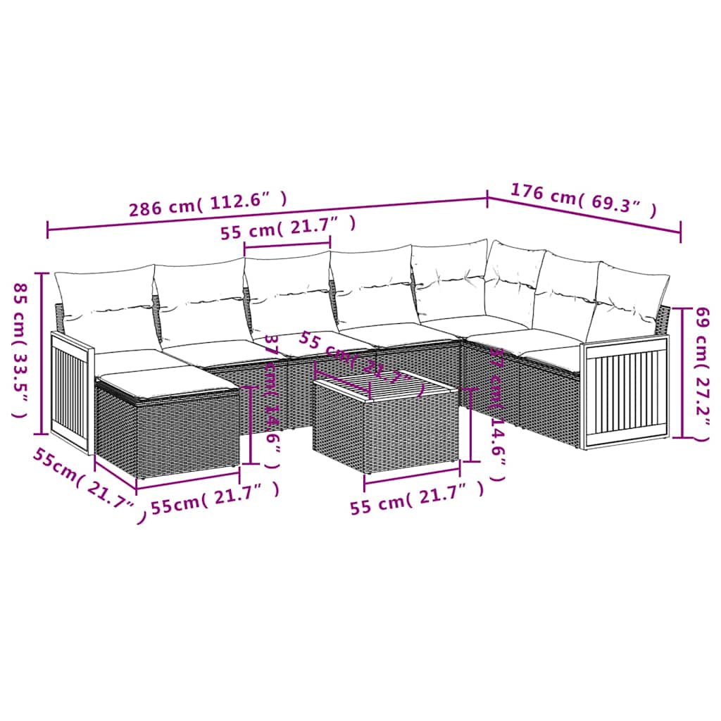 Ensemble de canapé de jardin 9 pcs avec coussins noir résine tressée