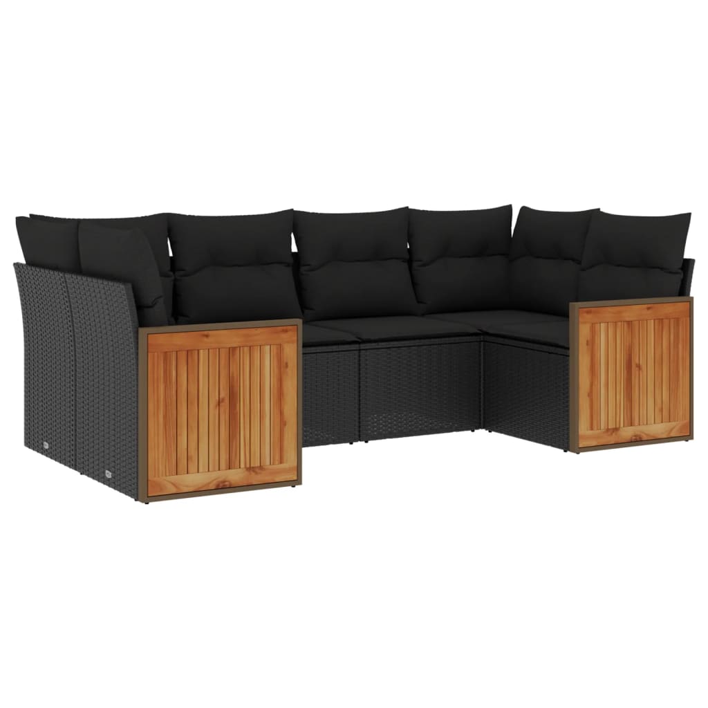 Salon de jardin 6 pcs avec coussins noir résine tressée
