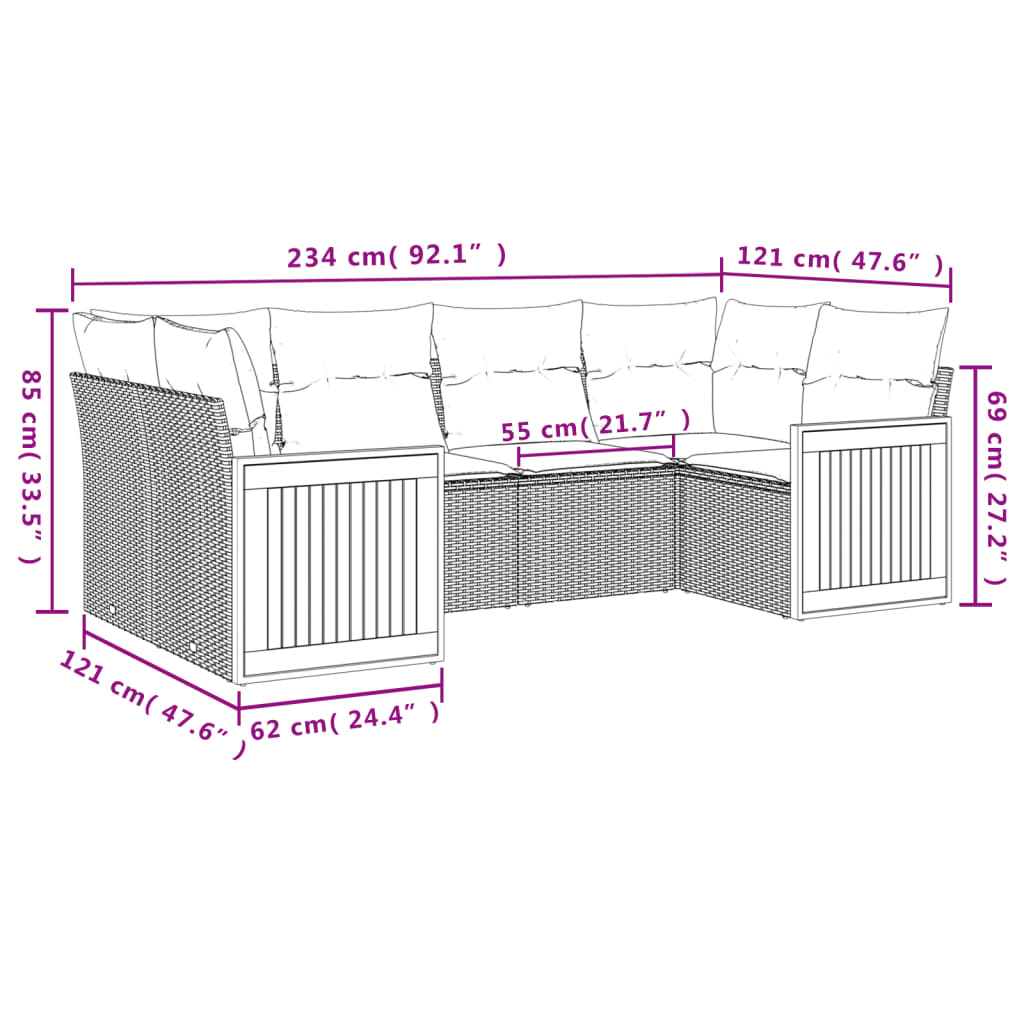 Salon de jardin 6 pcs avec coussins noir résine tressée