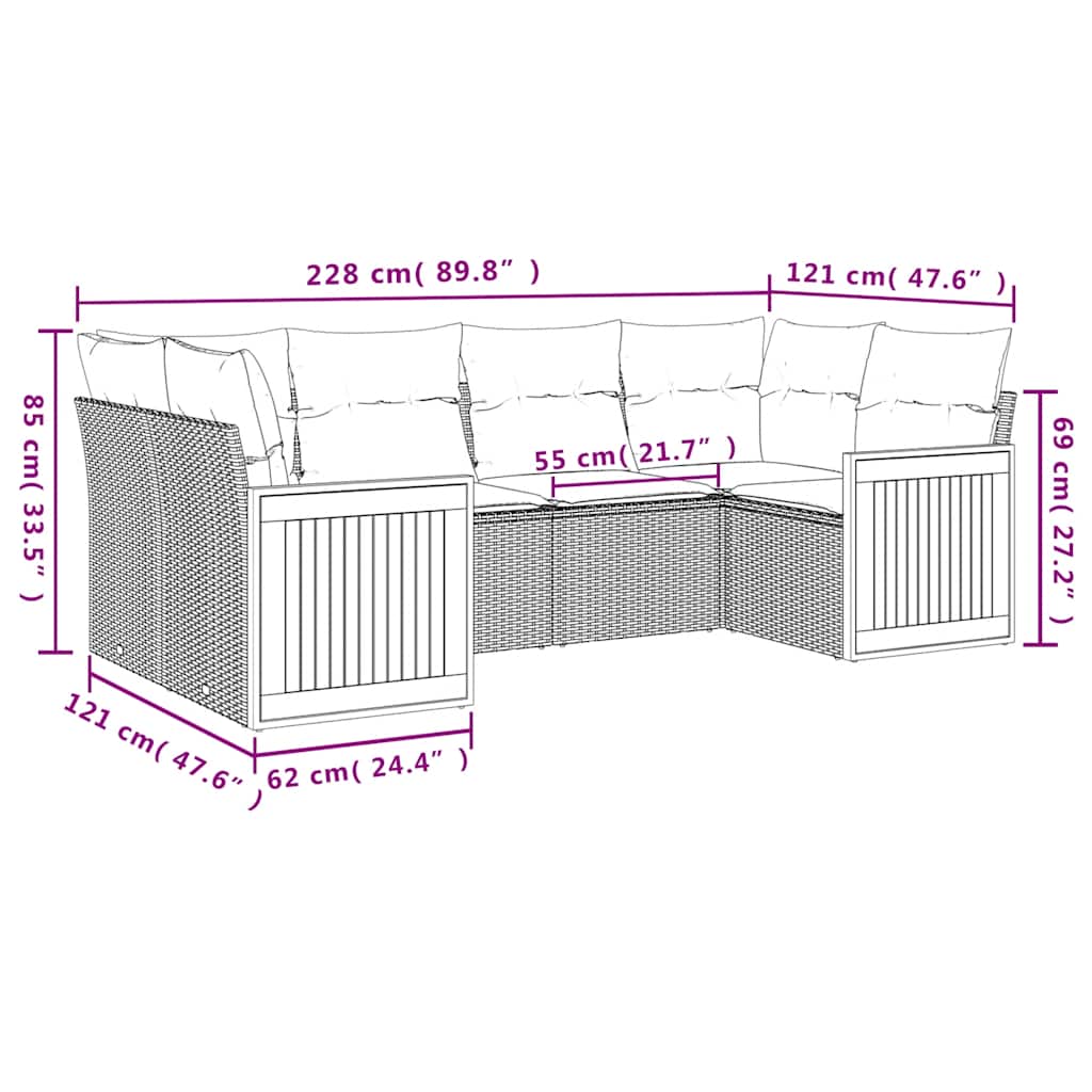 Ensemble de canapé de jardin 6 pcs avec coussins gris résine tressée