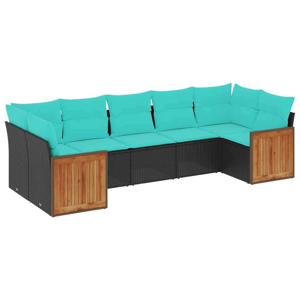 Salon de jardin 7 pcs avec coussins noir résine tressée