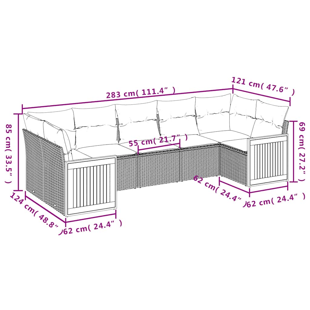 Ensemble de canapé de jardin 7 pcs avec coussins gris résine tressée