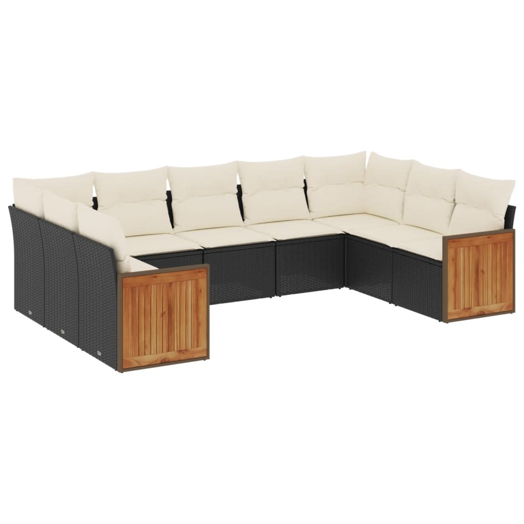Salon de jardin 9 pcs avec coussins noir résine tressée