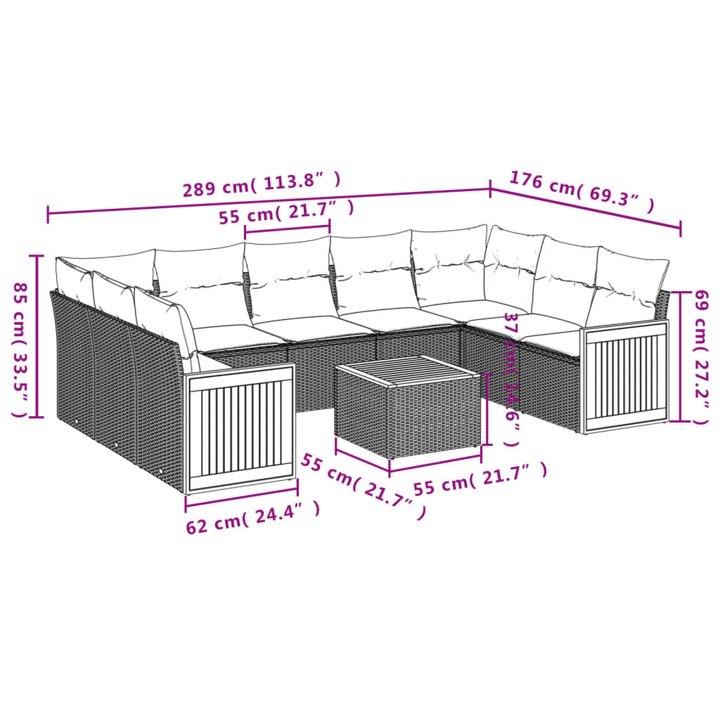 Ensemble de canapé de jardin 10 pcs avec coussins gris résine tressée
