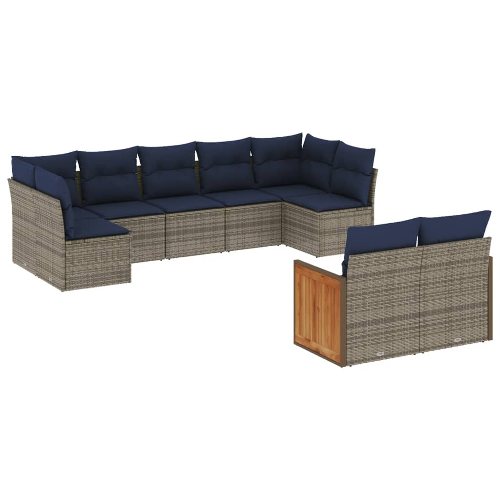 Ensemble de canapé de jardin 9 pcs avec coussins gris résine tressée
