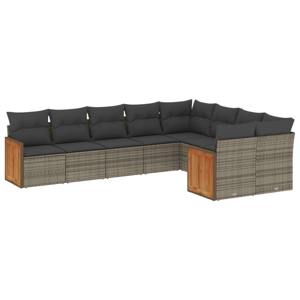 Salon de jardin 9 pcs avec coussins gris résine tressée