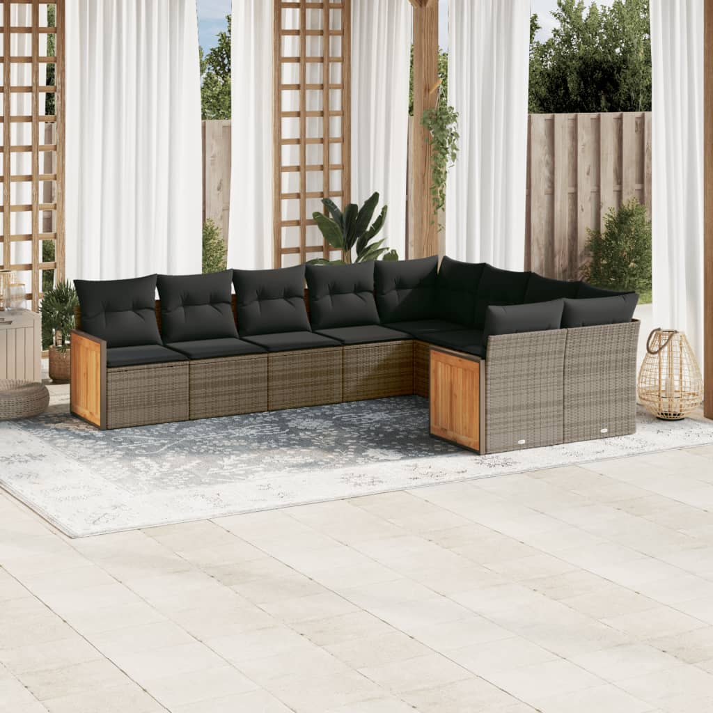 Salon de jardin 9 pcs avec coussins gris résine tressée