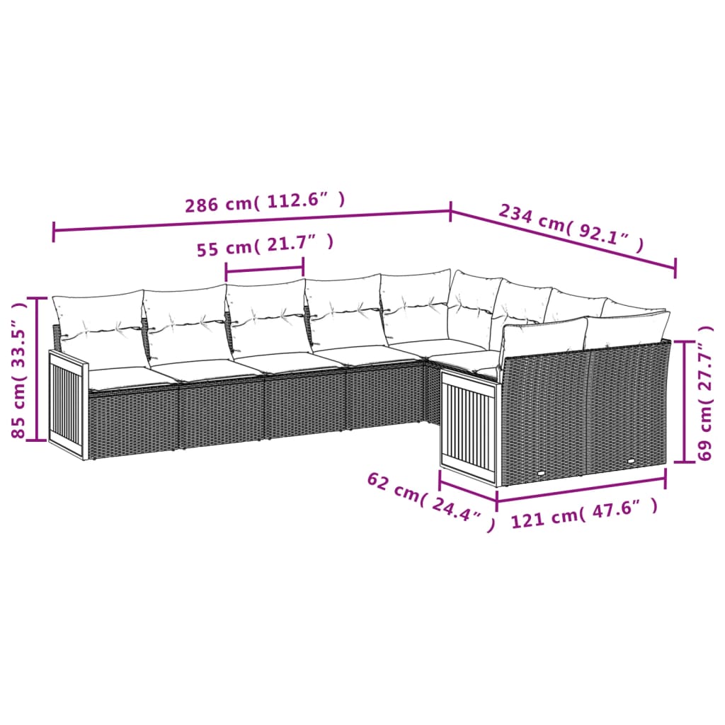 Ensemble de canapé de jardin 9 pcs avec coussins gris résine tressée