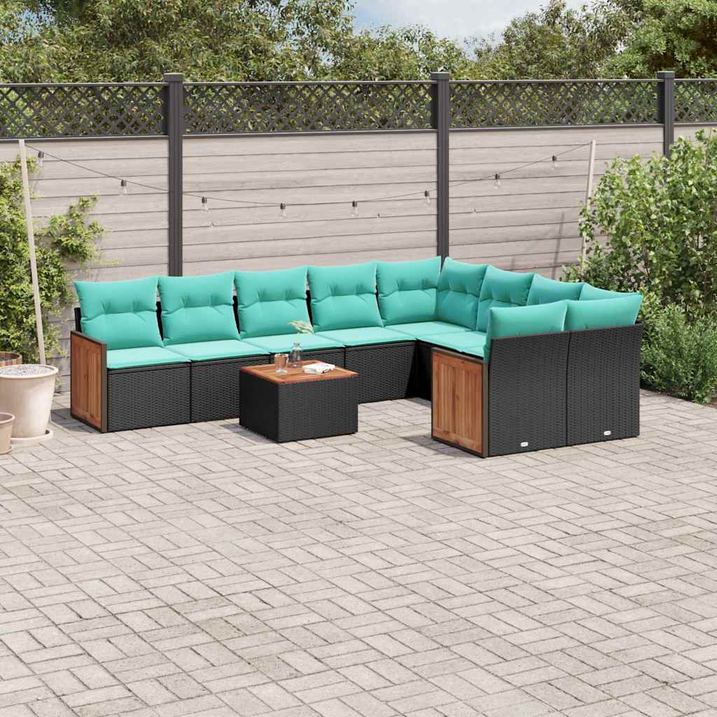 Ensemble de canapé de jardin 10 pcs avec coussins noir résine tressée