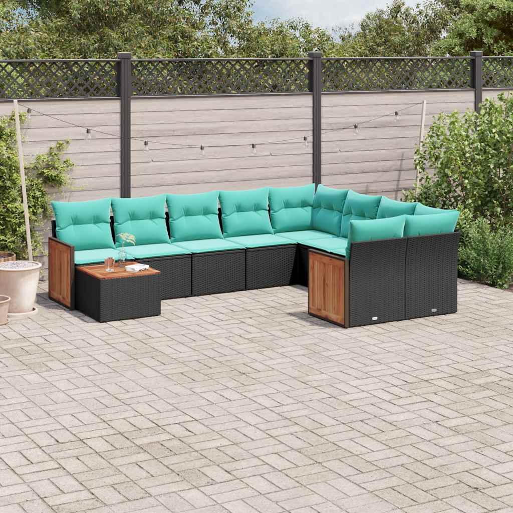 Ensemble de canapé de jardin 10 pcs avec coussins noir résine tressée