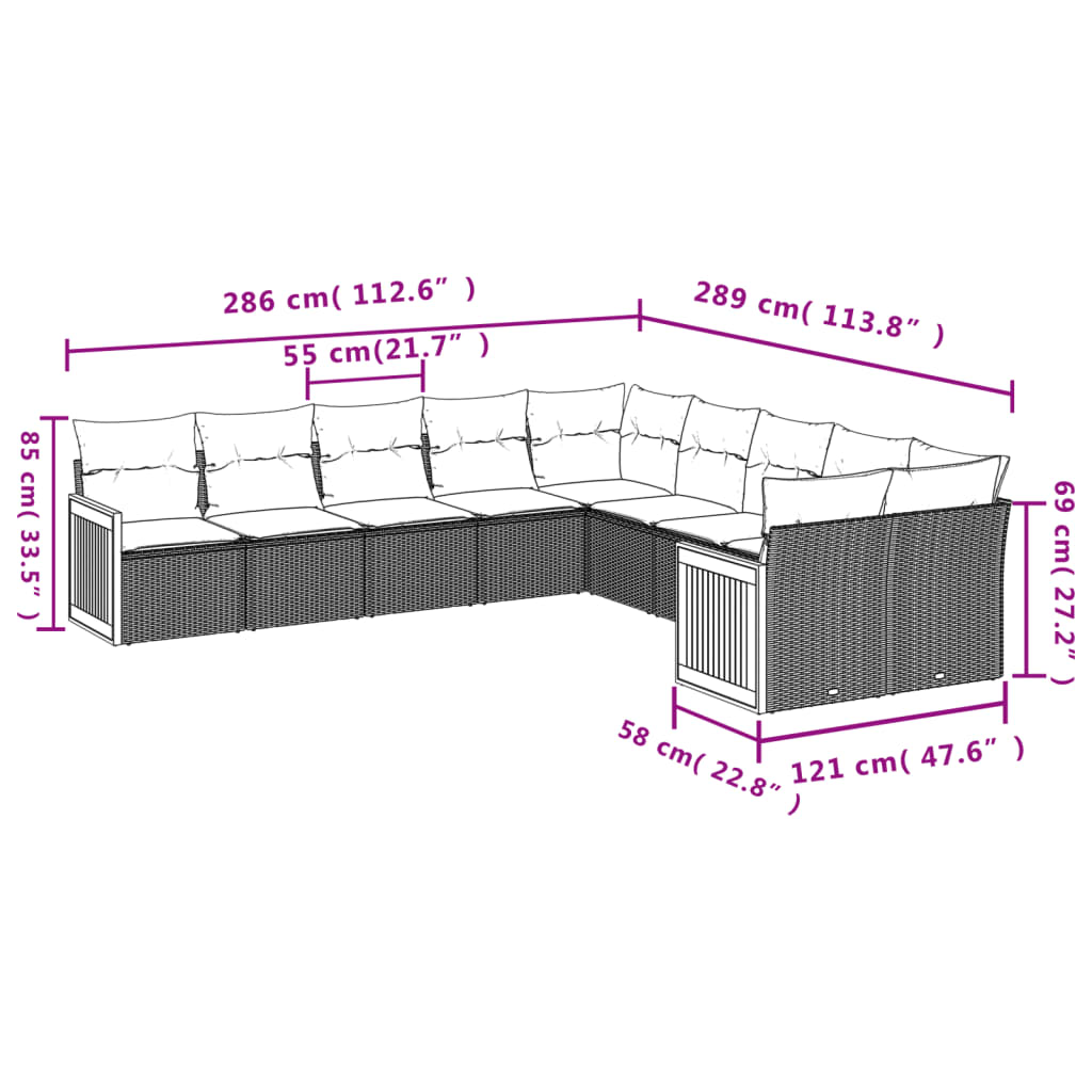 Ensemble de canapé de jardin 10 pcs avec coussins gris résine tressée